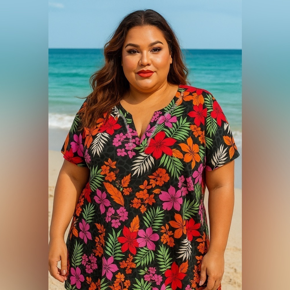 Swimsuits for All Swim Tunic Top Tee Womens Size 28 Floral Split Neck Cover Up